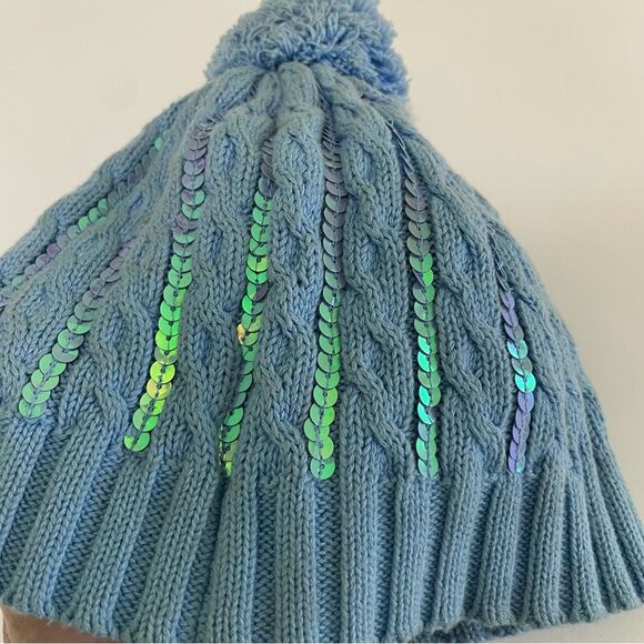 Children’s Place Cotton Cable Knit Winter Hat Blue Sequins Pom Girls Size 7-8 - Picture 3 of 10